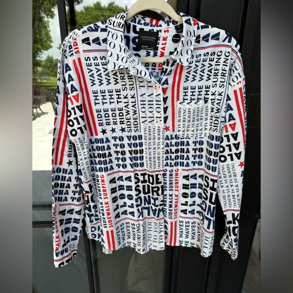 Scotch & Soda Orange Red and White and blue and black, Casual Button Down Shirt
